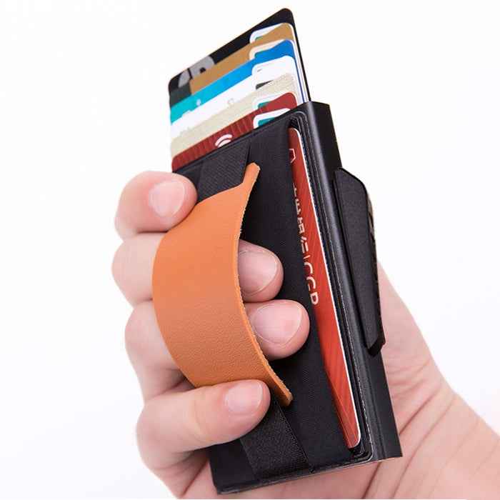 X-32C Automatically Pop-up Card Type Anti-magnetic RFID Anti-theft Men Aluminum Alloy B Dial Button Elastic Bag Wallet with PU Leather Strap