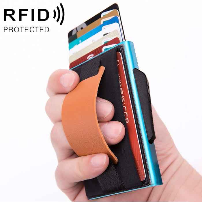 X-32C Automatically Pop-up Card Type Anti-magnetic RFID Anti-theft Men Aluminum Alloy B Dial Button Elastic Bag Wallet with PU Leather Strap