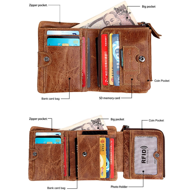 Genuine Cowhide Leather Crazy Horse Texture Zipper 3-folding Short Style Card Holder Wallet RFID Blocking Coin Purse Card Bag Protect Case for Men, Size: 12*9.5*4cm(Taupe)