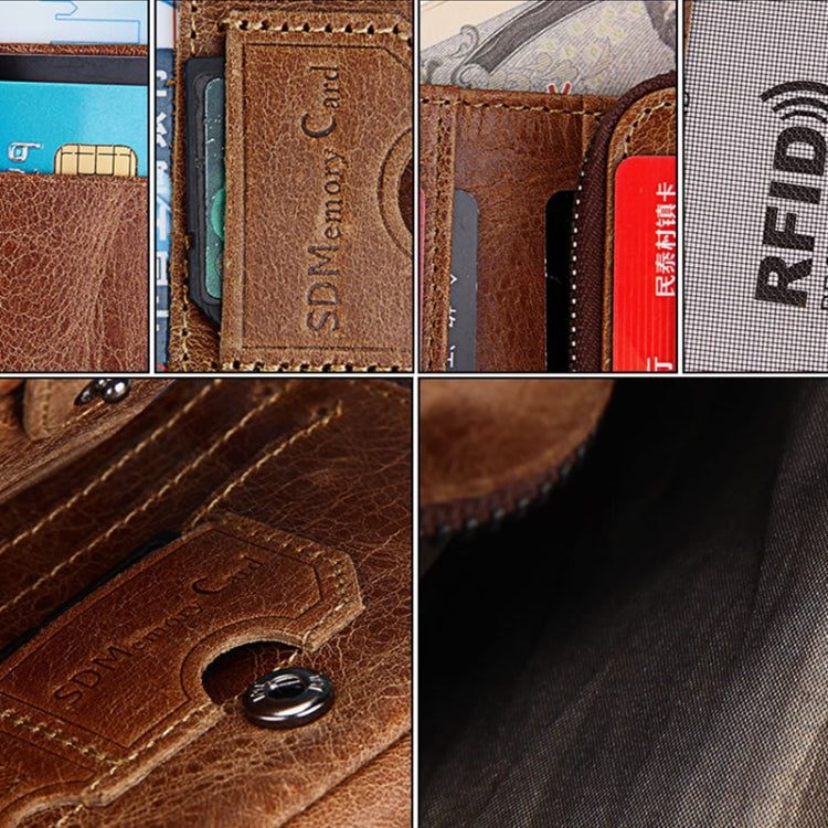 Genuine Cowhide Leather Crazy Horse Texture Zipper 3-folding Short Style Card Holder Wallet RFID Blocking Coin Purse Card Bag Protect Case for Men, Size: 12*9.5*4cm(Taupe)