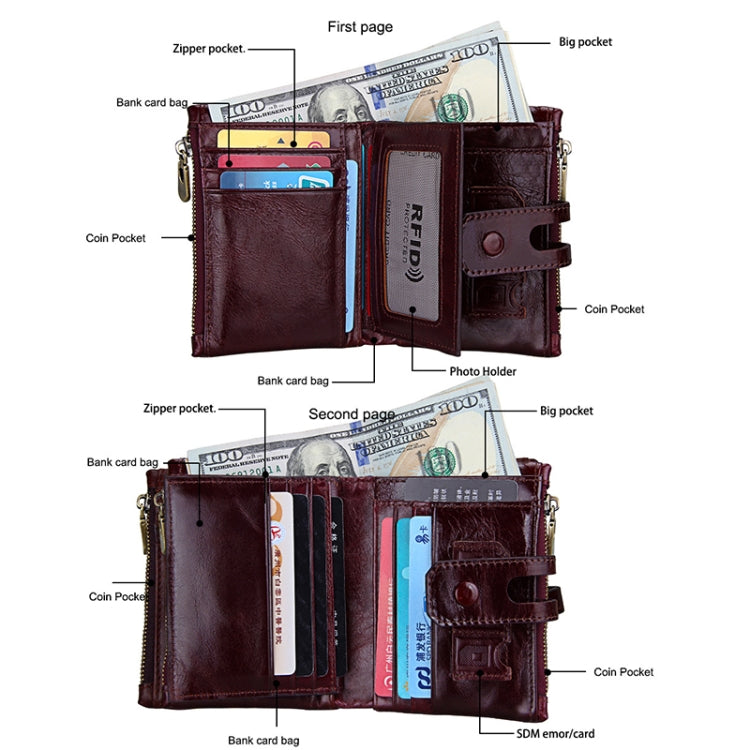 Genuine Cowhide Leather Crazy Horse Texture Zipper 3-folding Card Holder Wallet RFID Blocking Coin Purse Card Bag Protect Case for Men, Size: 12*9.5*3.5cm