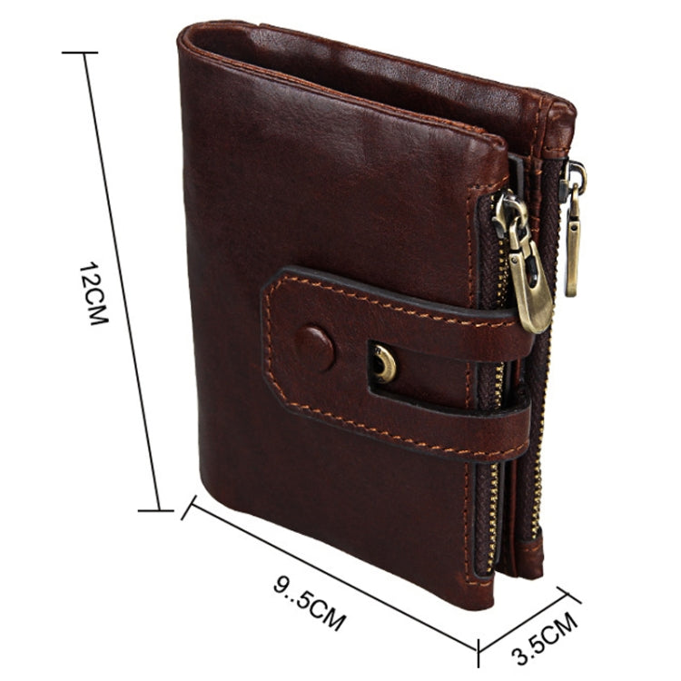 Genuine Cowhide Leather Crazy Horse Texture Zipper 3-folding Card Holder Wallet RFID Blocking Coin Purse Card Bag Protect Case for Men, Size: 12*9.5*3.5cm