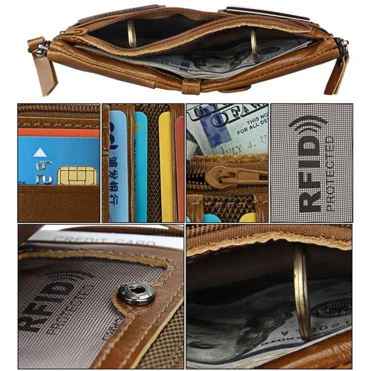 Genuine Cowhide Leather Crazy Horse Texture Dual Zipper Short Style Card Holder Wallet RFID Blocking Card Bag Protect Case for Men, Size: 12.1*9.4*2.7cm