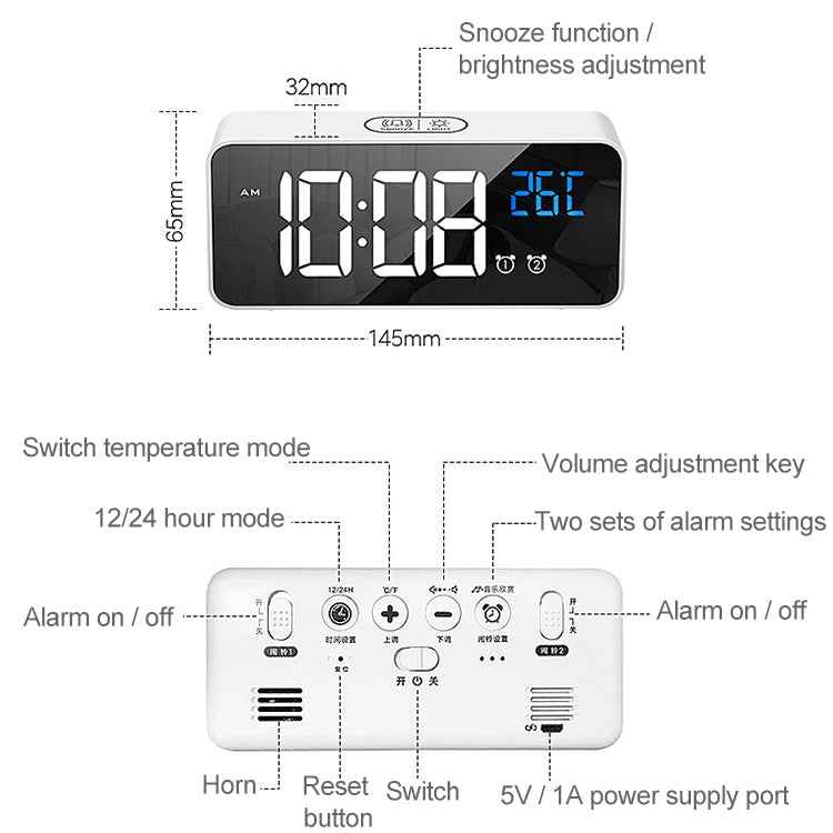 Bedside Alarm Clock Sound Control Mirror LED Music Clock