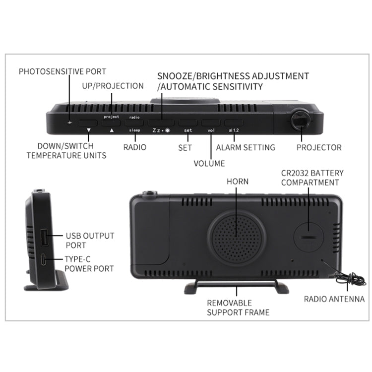 TS-9210 Digital Mirror Projection Alarm Clock With FM Radio & Temperature Humidity