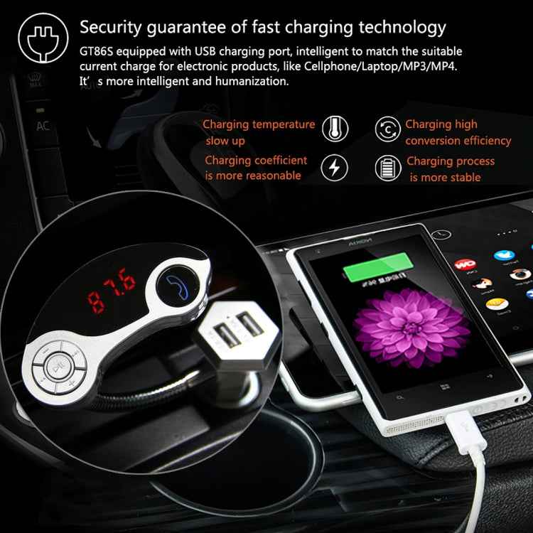 GT86 Dual USB Charger Car Bluetooth FM Transmitter Kit, Support LCD Display / TF Card Music Play / Hands-free