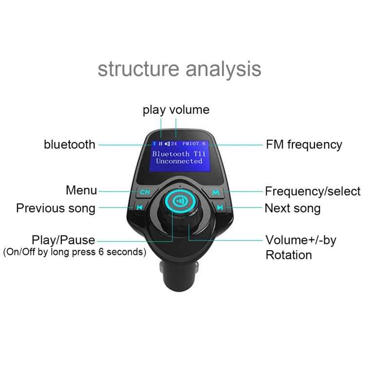 T11 Bluetooth FM Transmitter Car MP3 Player with LED Display, Support Double USB Charge & Handsfree & TF Card & U Disk Music Play Function