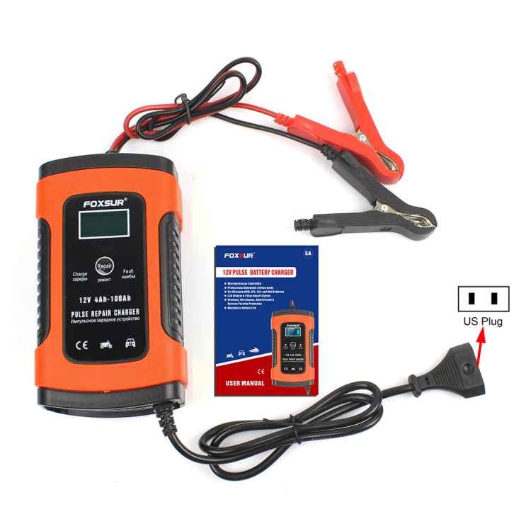 FOXSUR 12V 6A Intelligent Universal Battery Charger for Car Motorcycle, Length: 55cm, US Plug