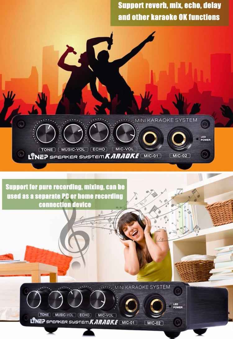 A933 Mini Karaoke Machine System Sound Mixer Amplifier for PC / TV / Mobile Phones, Support RCA in / 2 Channel Mic in