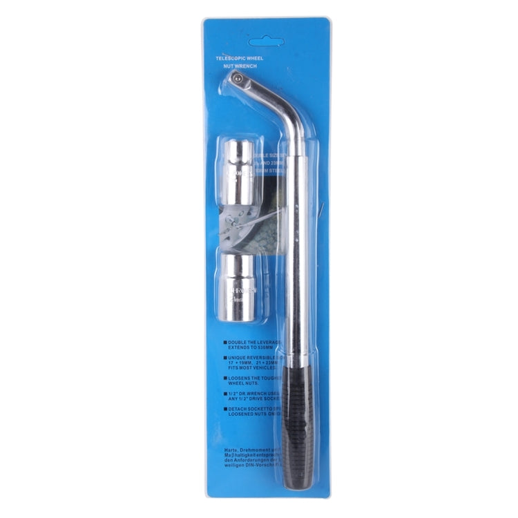 Telescoping Wheel Lug Wrench with Reversible 17mm & 19mm, 21mm & 23mm Socket Adapters And Extended Nonslip Handle from 14.4 inch to 20.5 inch
