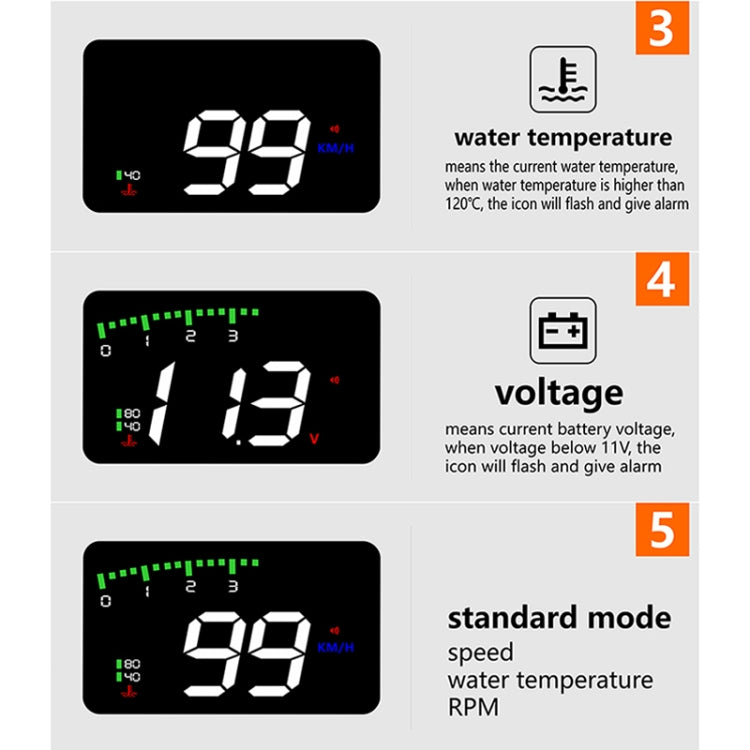 A900 OBD2 3.5 inch Vehicle-mounted Head Up Display Security System, Support Car Speed / Engine Revolving Speed Display / Water Temperature / Voltage / Driving Mileage