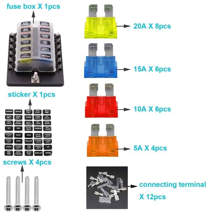 1 in 12 Out Fuse Box PC Terminal Block Fuse Holder Kits with LED Warning Indicator for Auto Car Truck Boat