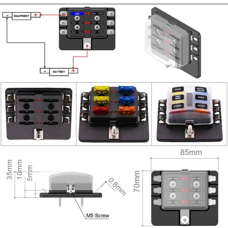 1 in 6 Out Fuse Box PC Terminal Block Fuse Holder Kits with LED Warning Indicator for Auto Car Truck Boat