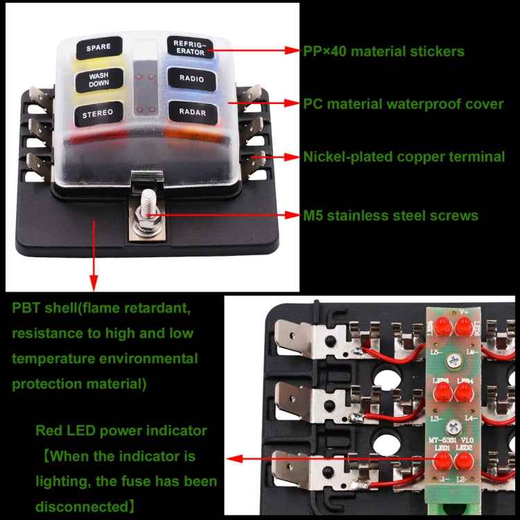 1 in 6 Out Fuse Box PC Terminal Block Fuse Holder Kits with LED Warning Indicator for Auto Car Truck Boat