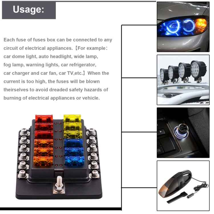 1 in 12 Out Fuse Box Screw Terminal Section Fuse Holder Kits with LED Warning Indicator for Auto Car Truck Boat