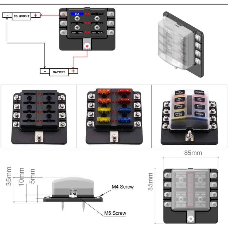 1 in 8 Out Fuse Box Screw Terminal Section Fuse Holder Kits with LED Warning Indicator for Auto Car Truck Boat