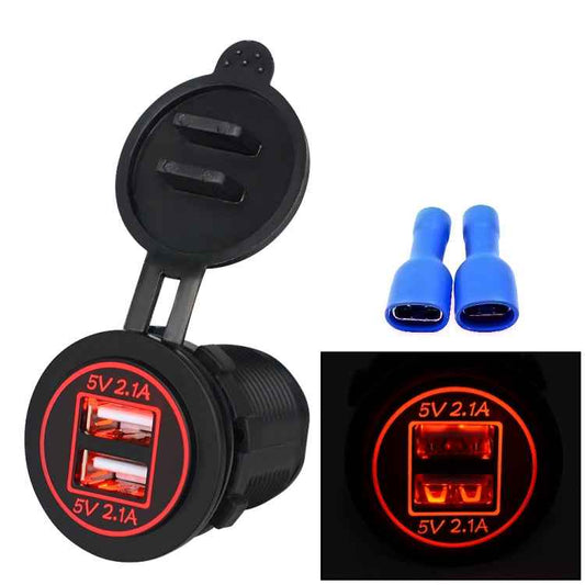 Universal Car Charger 2 Port Power Socket Power Dual USB Charger 5V 4.2A IP66 with Aperture, 4.2A with Aperture (Red Light)