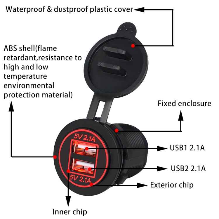 Universal Car Charger 2 Port Power Socket Power Dual USB Charger 5V 4.2A IP66 with Aperture, 4.2A with Aperture (Red Light)