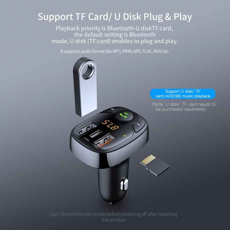 ROCK B301 Dual USB + PD Bluetooth 5.0 FM Transmitter & Car Charger, Support TF Card / U-disk