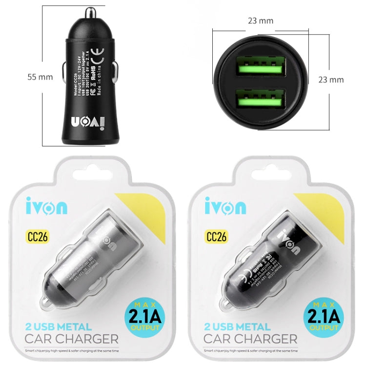 IVON CC26 5V 2.1A Dual USB Port Mini Car Charger, CC26 Black, CC26 Grey