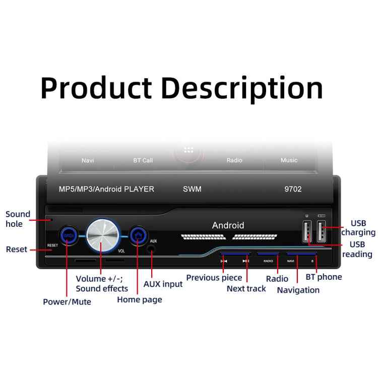SWM 9702 Car HD 7 inch Android Radio Receiver MP5 Player, Support FM & Bluetooth & GPS & WiFi