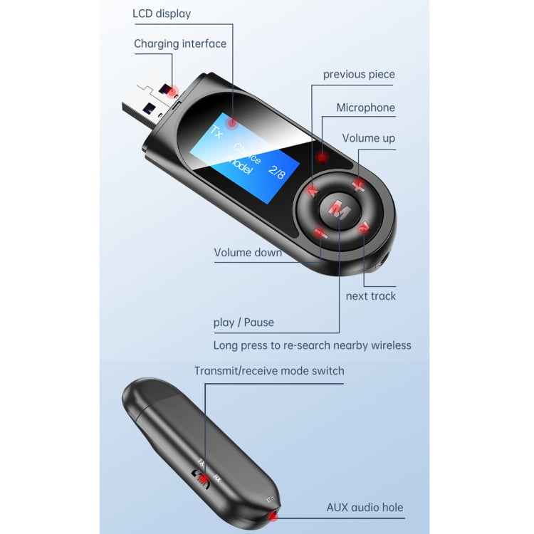 T-13 Bluetooth 5.0 LCD Digital Display Bluetooth Adapter Receiver Transmitter