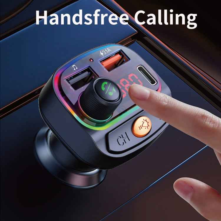 C15 Multifunctional Car Dual 3.1A+Type-C USB Charger Bluetooth FM Transmitter with Atmosphere Light