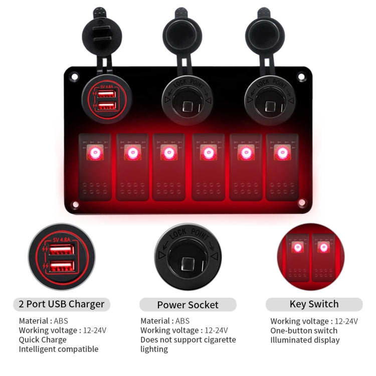 Multi-functional Combination Switch Panel 12V / 24V 6 Way Switches + Dual USB Charger for Car RV Marine Boat, 6 Way (Red Light), 6 Way (Blue Light), 6 Way (Green Light)
