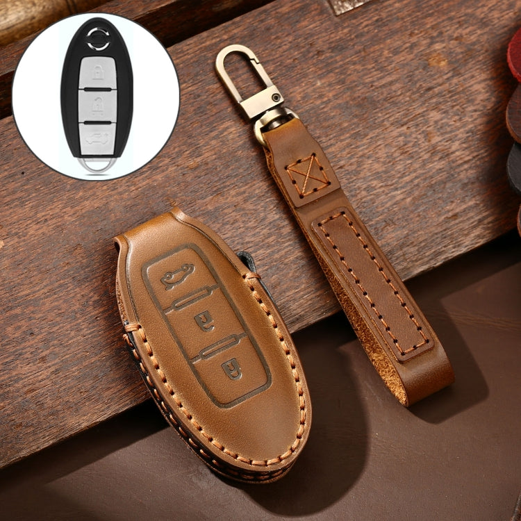 Hallmo Car Cowhide Leather Key Protective Cover Key Case for Nissan Sylphy 3-button Tail Box