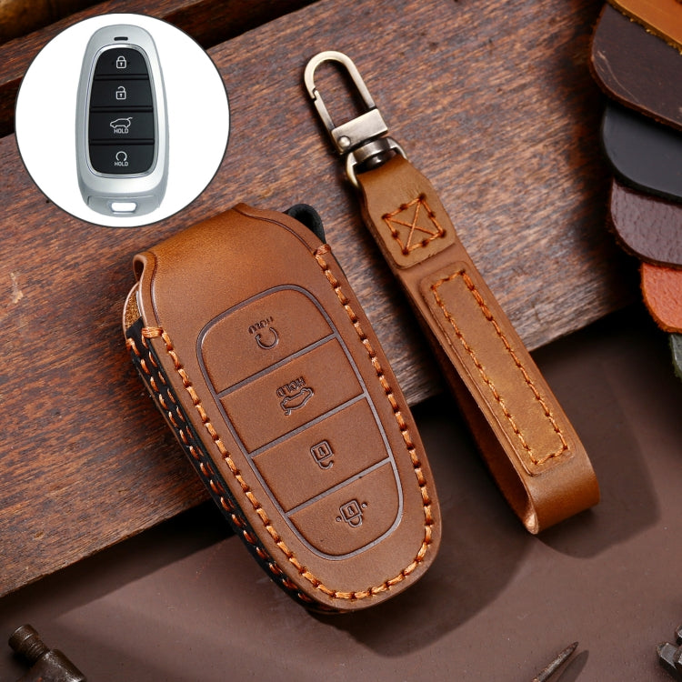Hallmo Car Cowhide Leather Key Protective Cover Key Case for Hyundai 4-button Start