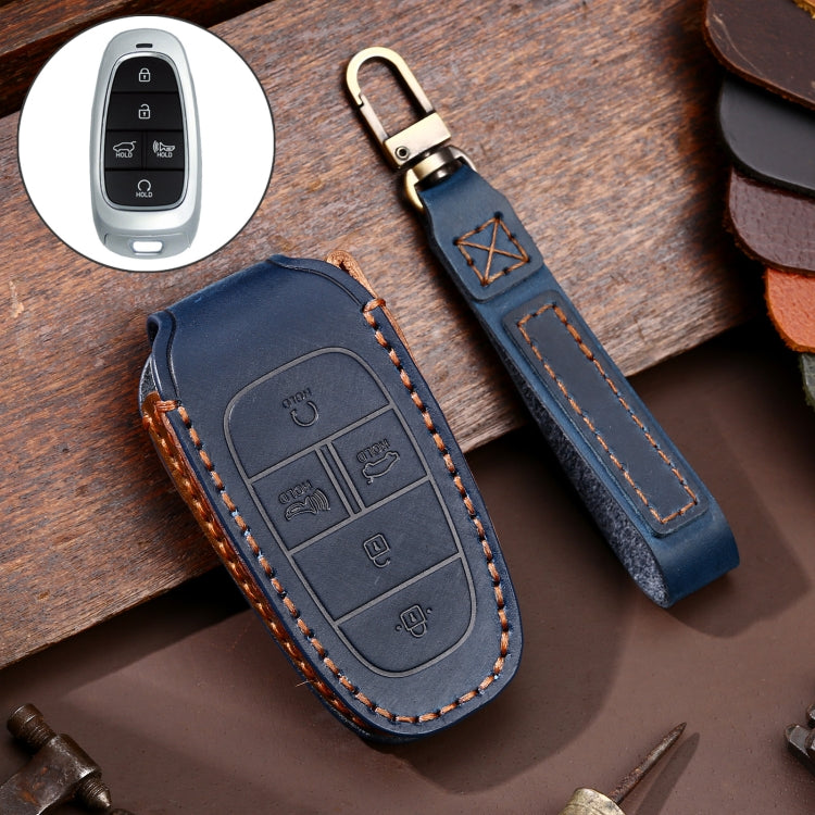 Hallmo Car Cowhide Leather Key Protective Cover Key Case for Hyundai 5-button