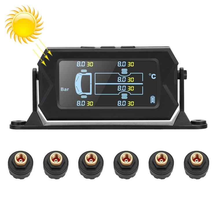 15Bar Solar Wireless Tire Pressure Monitoring System TPMS 6 External Sensors for 6-wheel Truck Bus, 15Bar