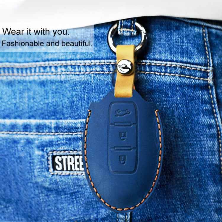 For Nissan Car Cowhide Leather Key Protective Cover Key Case, Three Keys Horizontal Line Version