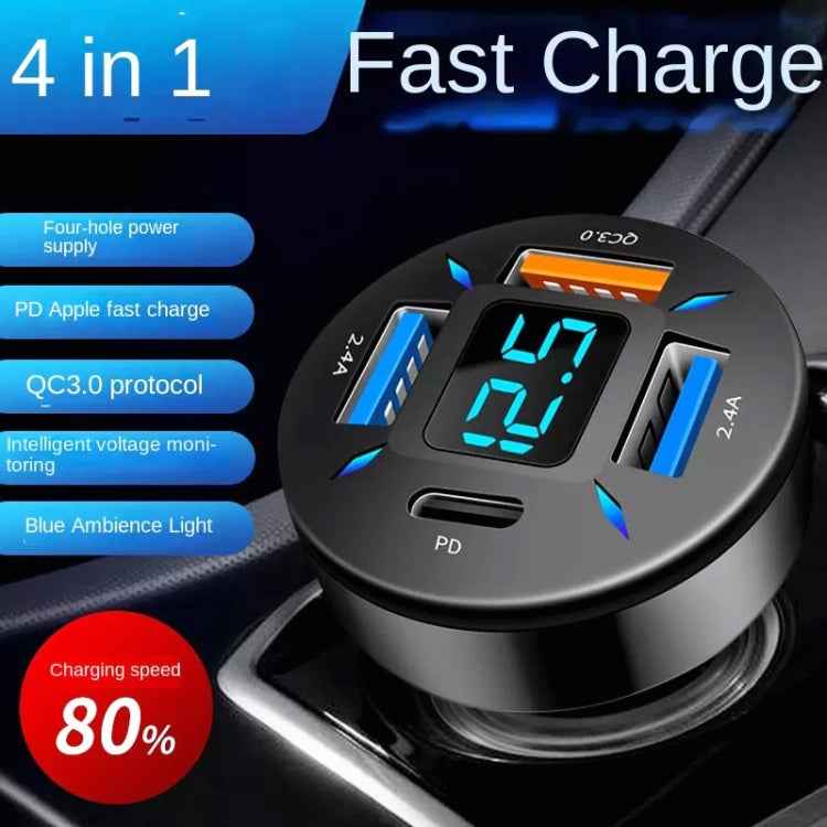 4 in 1 USB PD20W+QC3.0+2.4A Digital Display Car Fast Charger