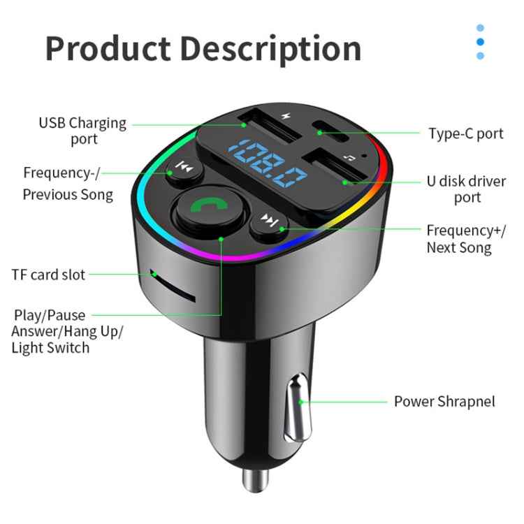 Car Bluetooth MP3 Player Audio FM Transmitter with Ambient Light