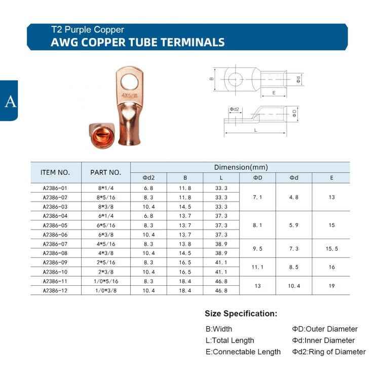 Car Battery Cable Hammer Crimper Hammer Lug Crimper Tool Pliers with T2 Copper 8 x 3/8 Heavy-duty Cold-pressed Wire Terminals