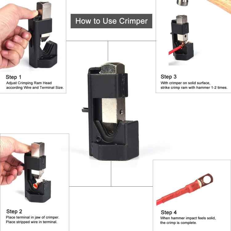 Car Battery Cable Hammer Crimper Hammer Lug Crimper Tool Pliers with T2 Copper 8 x 3/8 Heavy-duty Cold-pressed Wire Terminals