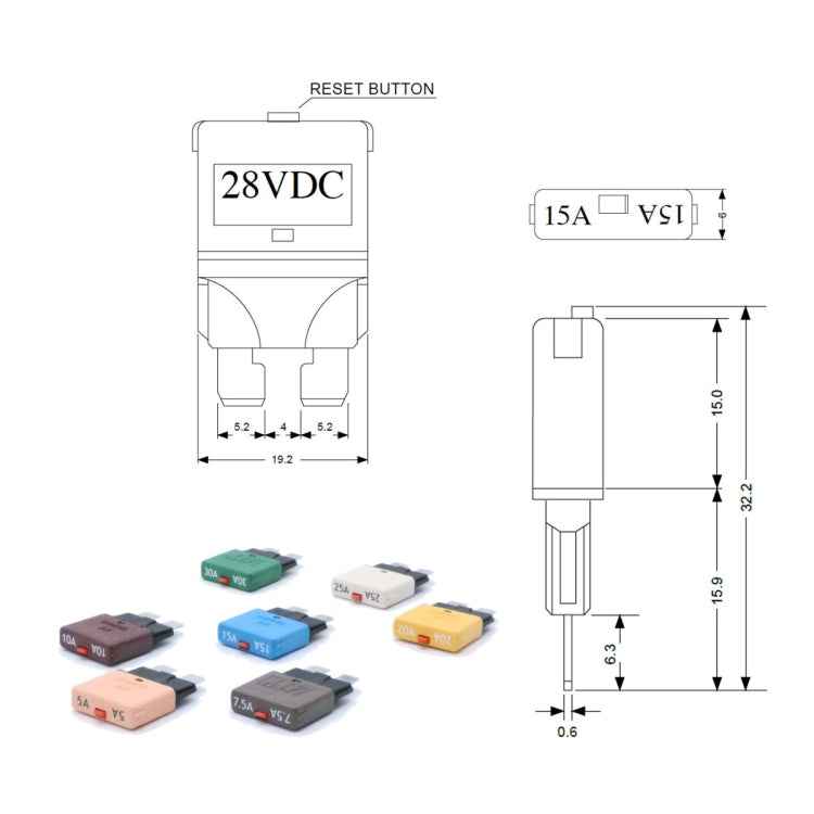 25AMP DC28V Circuit Breaker Trip Fuses Standard Blade Fuse Manual Reset