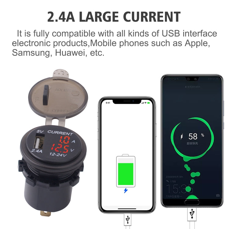 Universal Car Single Port USB Charger Power Outlet Adapter 2.4A 5V IP66 with LED Digital Voltmeter + Ammeter + 60cm Cable, 2.4A Voltmeter + Ammeter + 60cm Cable (Red Light), 2.4A Voltmeter + Ammeter + 60cm Cable (Blue Light)����������������������������...