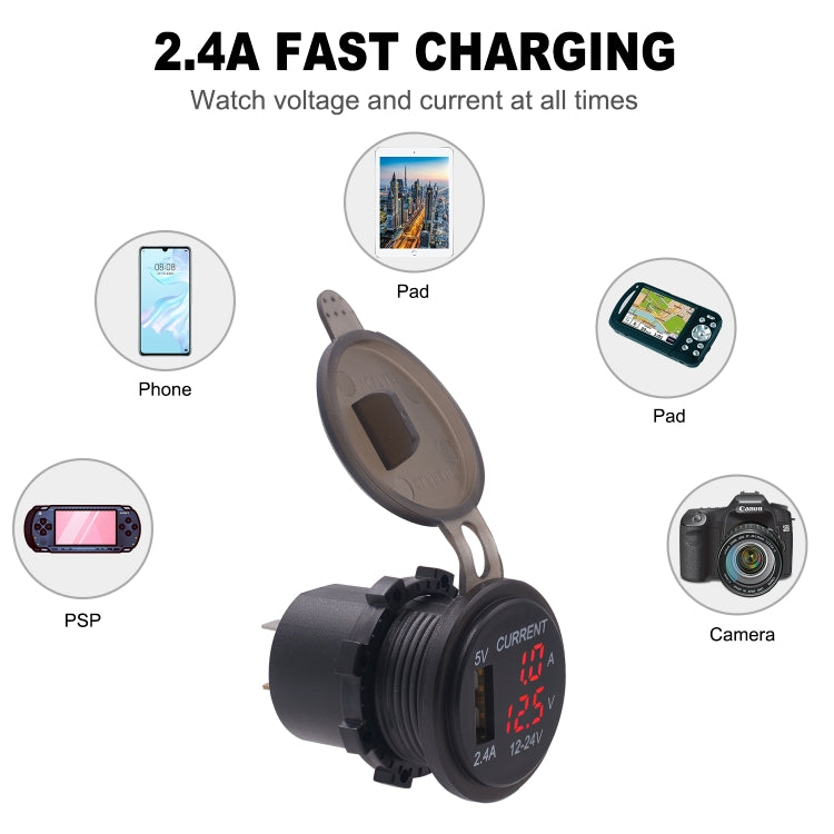 Universal Car Single Port USB Charger Power Outlet Adapter 2.4A 5V IP66 with LED Digital Voltmeter + Ammeter + 60cm Cable, 2.4A Voltmeter + Ammeter + 60cm Cable (Red Light), 2.4A Voltmeter + Ammeter + 60cm Cable (Blue Light)����������������������������...