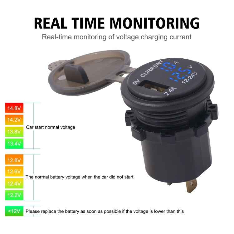 Universal Car Single Port USB Charger Power Outlet Adapter 2.4A 5V IP66 with LED Digital Voltmeter + Ammeter