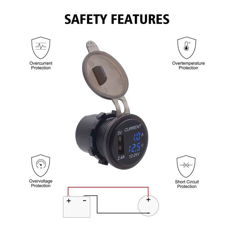 Universal Car Single Port USB Charger Power Outlet Adapter 2.4A 5V IP66 with LED Digital Voltmeter + Ammeter