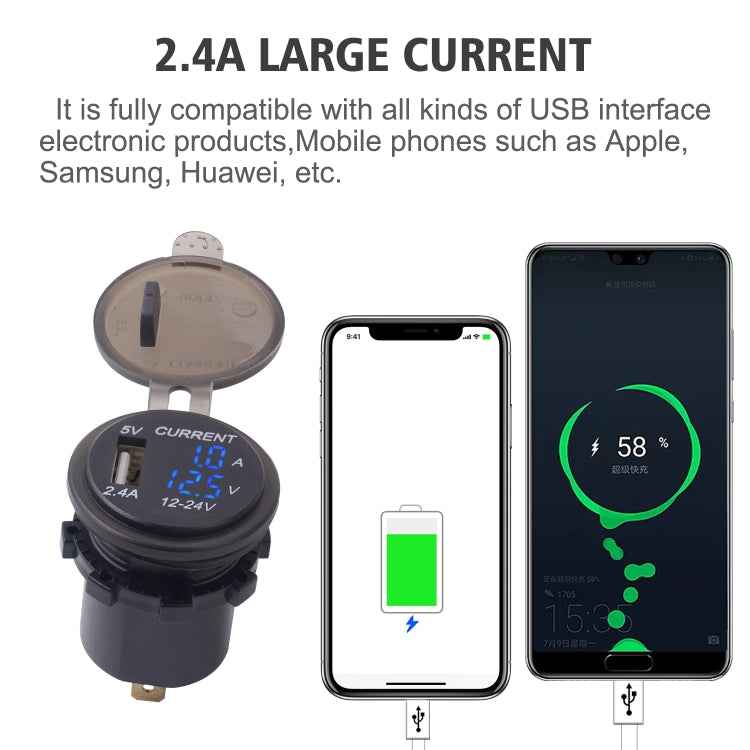 Universal Car Single Port USB Charger Power Outlet Adapter 2.4A 5V IP66 with LED Digital Voltmeter + Ammeter