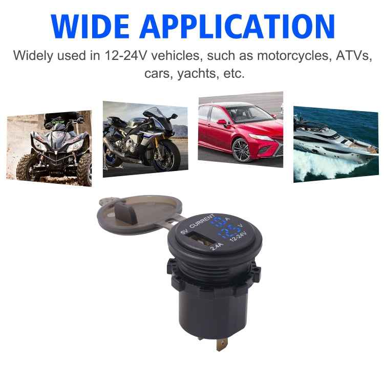 Universal Car Single Port USB Charger Power Outlet Adapter 2.4A 5V IP66 with LED Digital Voltmeter + Ammeter
