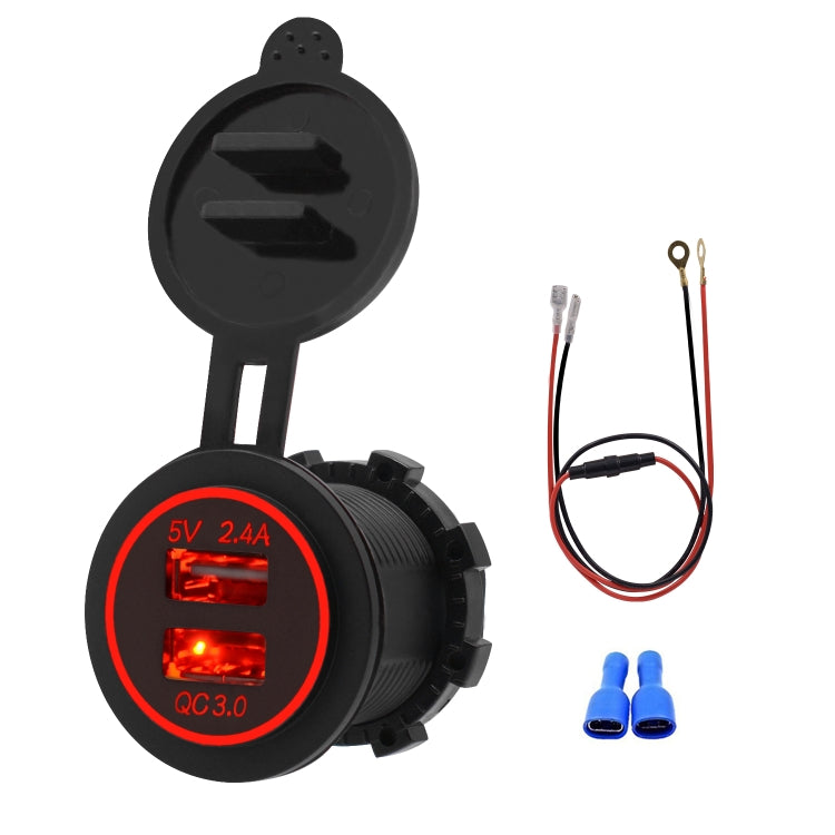 Universal Car QC3.0 Dual Port USB Charger Power Outlet Adapter 5V 2.4A IP66 with 60cm Cable, 2.4A + 60cm Cable (Orange Light), 2.4A + 60cm Cable (Red Light), 2.4A + 60cm Cable (White Light)