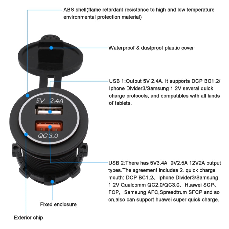 Universal Car QC3.0 Dual Port USB Charger Power Outlet Adapter 5V 2.4A IP66 with 60cm Cable, 2.4A + 60cm Cable (White Light), 2.4A + 60cm Cable(Blue Light), 2.4A + 60cm Cable (Green Light), 2.4A + 60cm Cable (Red Light)