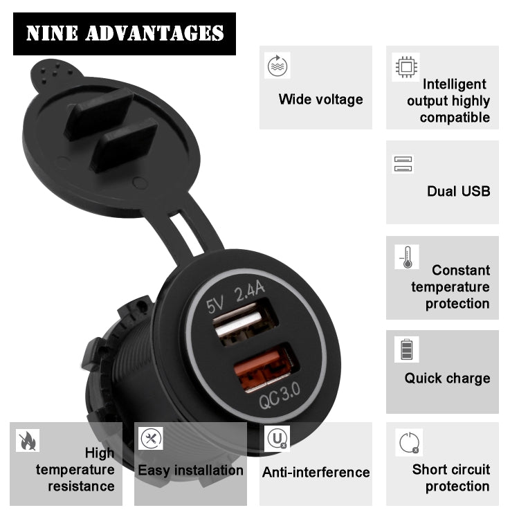 Universal Car QC3.0 Dual Port USB Charger Power Outlet Adapter 5V 2.4A IP66 with 60cm Cable, 2.4A + 60cm Cable (White Light), 2.4A + 60cm Cable(Blue Light), 2.4A + 60cm Cable (Green Light), 2.4A + 60cm Cable (Red Light)