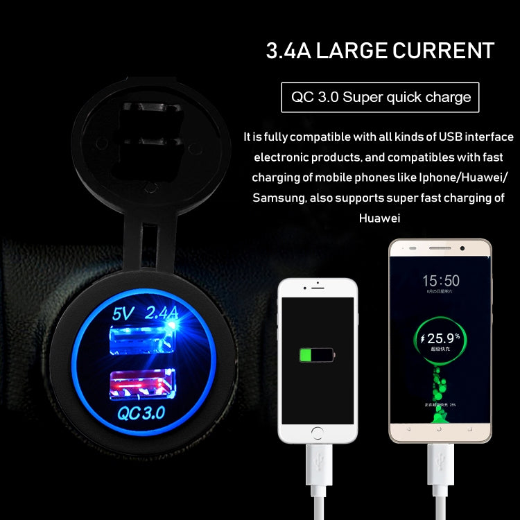 Universal Car QC3.0 Dual Port USB Charger Power Outlet Adapter 5V 2.4A IP66 with 60cm Cable, 2.4A + 60cm Cable (White Light), 2.4A + 60cm Cable(Blue Light), 2.4A + 60cm Cable (Green Light), 2.4A + 60cm Cable (Red Light)