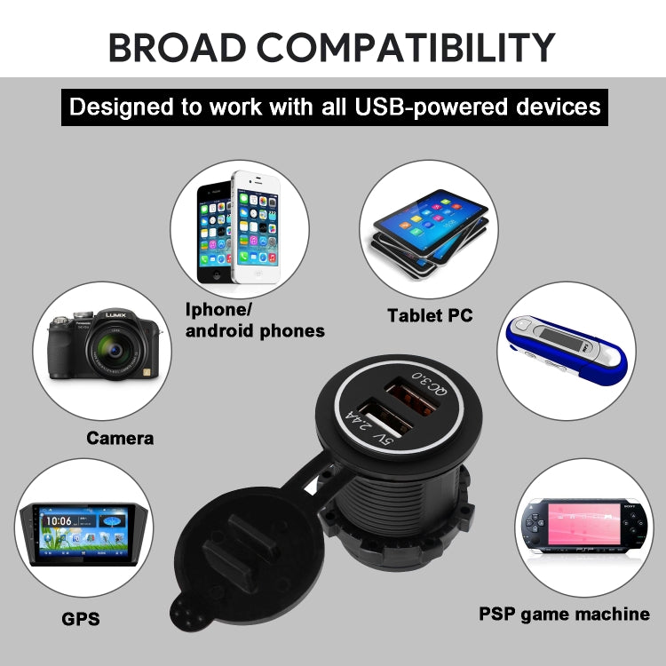 Universal Car QC3.0 Dual Port USB Charger Power Outlet Adapter 5V 2.4A IP66 with 60cm Cable, 2.4A + 60cm Cable (White Light), 2.4A + 60cm Cable(Blue Light), 2.4A + 60cm Cable (Green Light), 2.4A + 60cm Cable (Red Light)