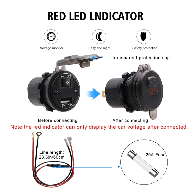 Universal Car Single Port USB Charger Power Outlet Adapter 2.4A 5V IP66 with LED Digital Voltmeter + Switch + 60cm Cable, 2.4A + Switch + 60cm Cable(Blue Light), 2.4A + Switch + 60cm Cable (Green Light), 2.4A + Switch + 60cm Cable (Red Light)